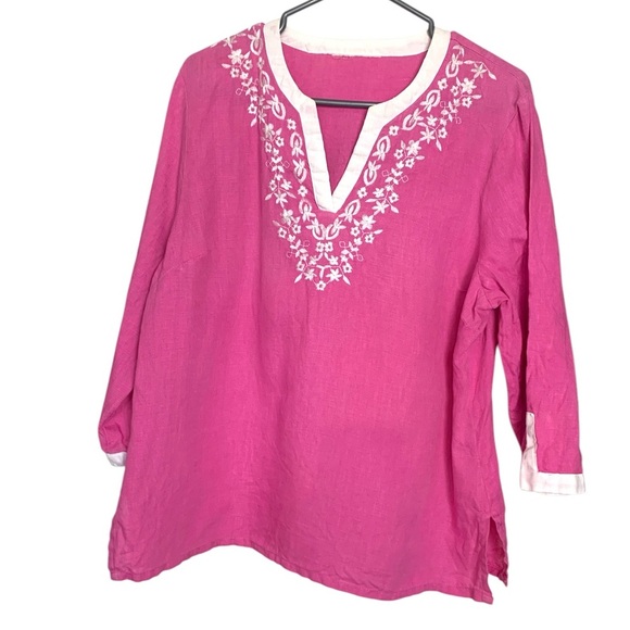 Pink w White Trim, 3/4 Sleeves, Embroidered, Linen/Cotton Tunic - Picture 1 of 7